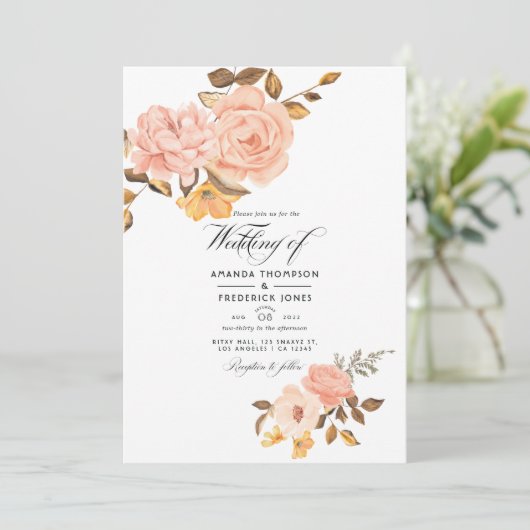 赤面ピンクと金ゴールド結婚フローラの写真 招待状 (スタンド正面)