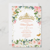 赤面ピンクと金ゴールド蝶Mis Quince 招待状 (正面)