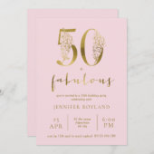 赤面ピンクと金ゴールド50と素晴らしい誕生日パーティー 招待状 (正面/裏面)
