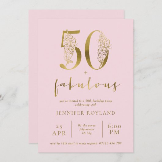 赤面ピンクと金ゴールド50と素晴らしい誕生日パーティー 招待状 (正面/裏面)