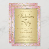 赤面ピンクと金ゴールド50th誕生日パーティーへの招待 招待状 (正面/裏面)