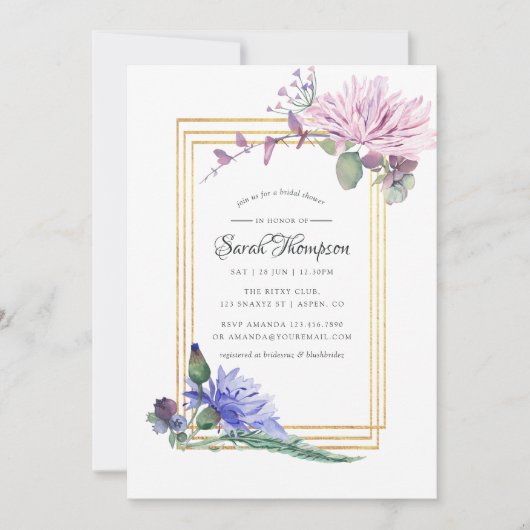 赤面ピンクと青の幾何学的フローラブライダルシャワー 招待状 (正面)