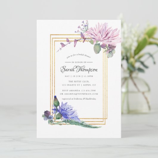 赤面ピンクと青の幾何学的フローラブライダルシャワー 招待状 (スタンド正面)