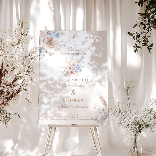 赤面ピンクと青の水色のフローラ アクリルサイン