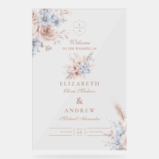 赤面ピンクと青の水色のフローラ アクリルサイン (正面)