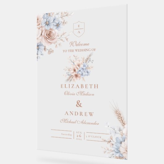 赤面ピンクと青の水色のフローラ アクリルサイン (傾斜)