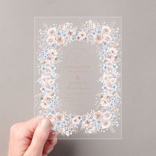 赤面ピンクと青の水色のフローラ アクリル招待状 (インサイチュ (ポータブル))