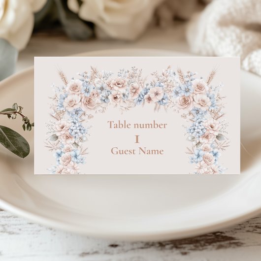 赤面ピンクと青の水色のフローラ プレイスカード