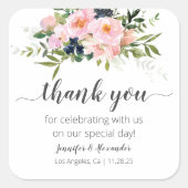 赤面ピンクと青の花 スクエアシール (正面)