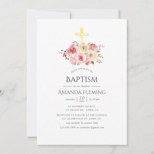 赤面ピンクと黄色のフローラバプテスマ/《キリスト教》洗礼式や命名式 招待状 (正面)