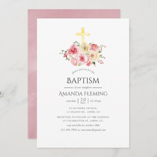 赤面ピンクと黄色のフローラバプテスマ/《キリスト教》洗礼式や命名式 招待状 (正面/裏面)