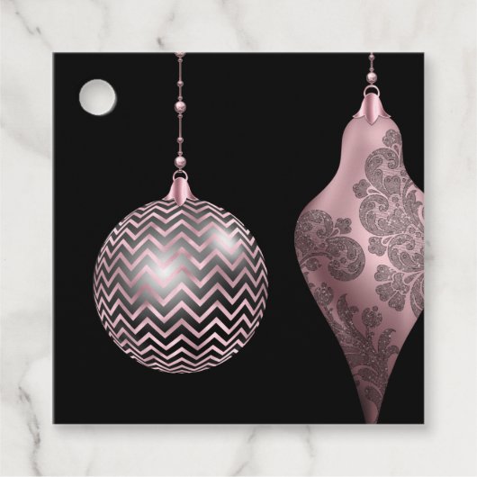 赤面ピンクと黒のシェブロンとダマスコクリスマス フェイバータグ (正面)