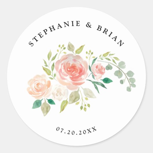 赤面ピンクのオレンジ色のフローラの結婚水色 ラウンドシール (正面)