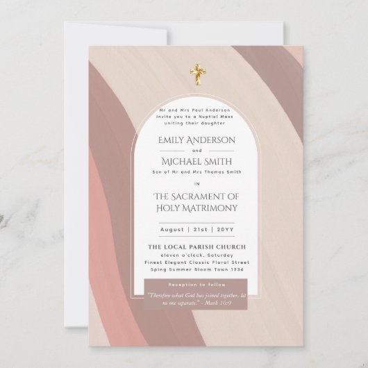 赤面ピンクのカトリック教会のNuptial Mass 結婚 Photos 招待状 (正面)