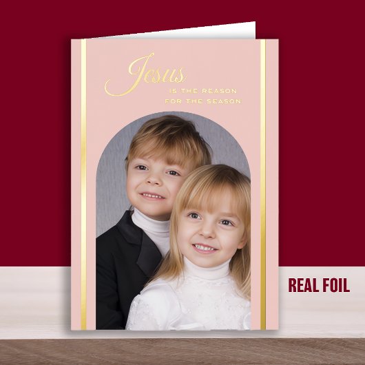 赤面ピンクのクリスチャン写真クリスマス金ゴールド 箔グリーティングカード