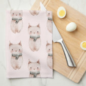 赤面ピンクのクリスマスキャッツ キッチンタオル (四つ折り)