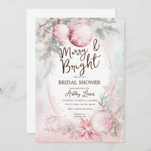 赤面ピンクのクリスマスブライダルシャワー 招待状 (正面/裏面)