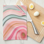 赤面ピンクのコーラルミントグリーンのレインボーマーブル渦巻き キッチンタオル (四つ折り)