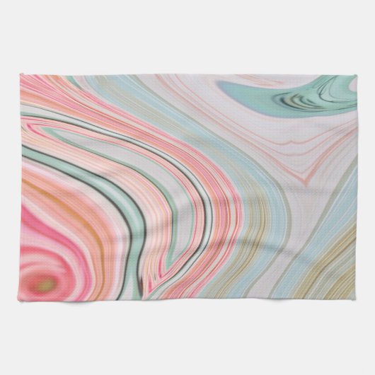 赤面ピンクのコーラルミントグリーンのレインボーマーブル渦巻き キッチンタオル (横)