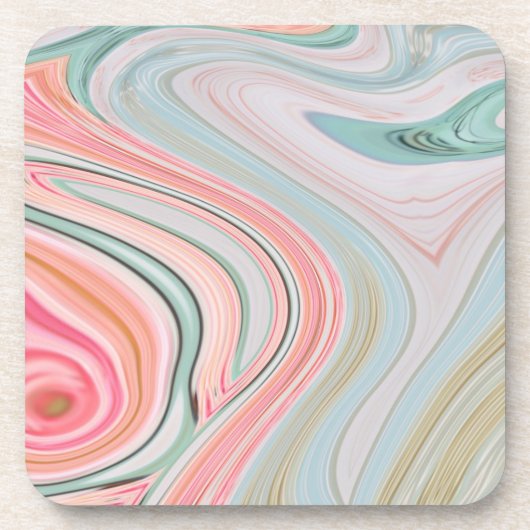 赤面ピンクのコーラルミントグリーンのレインボーマーブル渦巻き コースター (正面)