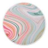 赤面ピンクのコーラルミントグリーンのレインボーマーブル渦巻き セラミックノブ (正面)