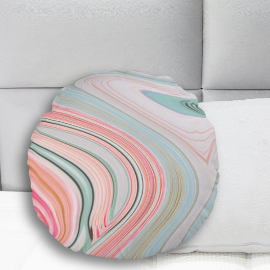 赤面ピンクのコーラルミントグリーンのレインボーマーブル渦巻き ラウンドクッション
