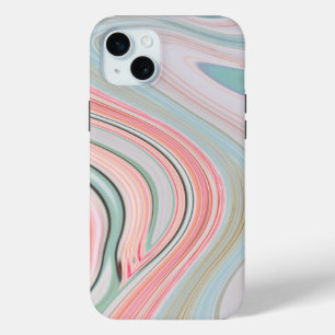 赤面ピンクのコーラルミントグリーン大理石の渦巻き虹 iPhone 15 MINIケース