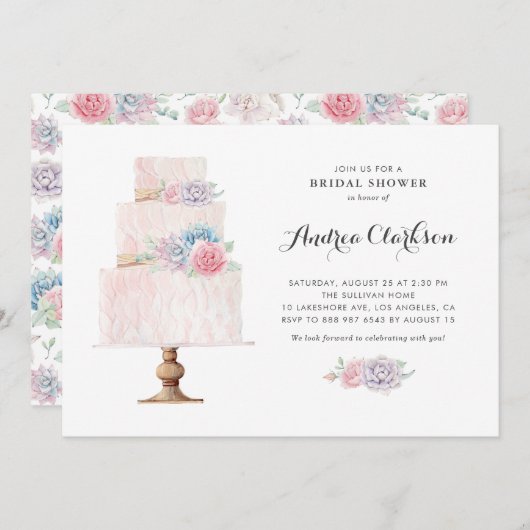 赤面ピンクのティアド・ケーキ多肉ブライダルシャワー 招待状 (正面/裏面)