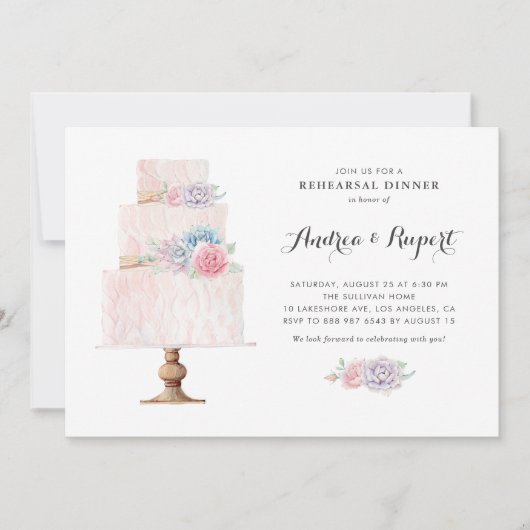 赤面ピンクのティアド・ケーキ多肉リハーサル・ディナー 招待状 (正面)
