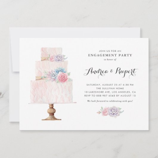 赤面ピンクのティアド・ケーキ多肉婚約パーティ 招待状 (正面)
