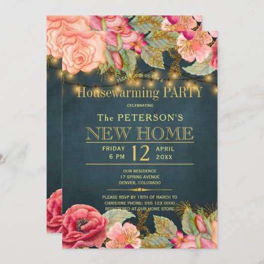 赤面ピンクのネイビーストリングライト引っ越し祝いパーティーパーティー 招待状 (正面/裏面)