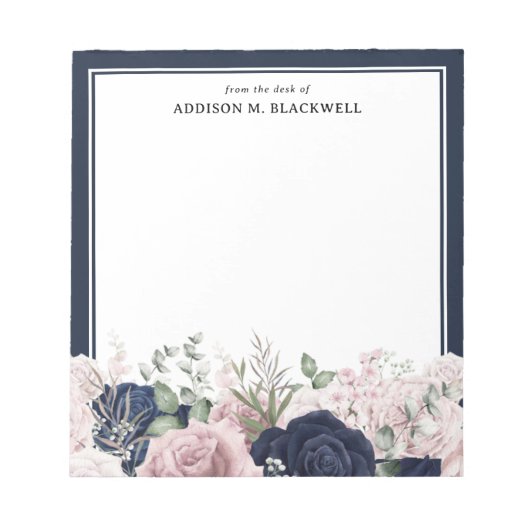 赤面ピンクのネイビーブルーのバラ ノートパッド (正面)