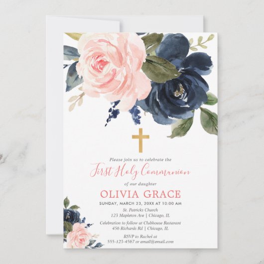 赤面ピンクのネイビーブルーフローラ最初の聖餐会 招待状 (正面)