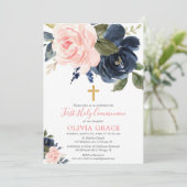 赤面ピンクのネイビーブルーフローラ最初の聖餐会 招待状 (スタンド正面)