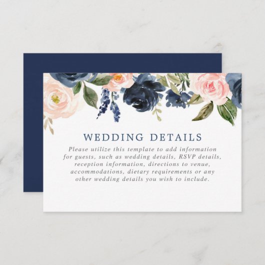 赤面ピンクのネイビーブルーフローラ結婚バラ詳細 エンクロージャーカード (正面/裏面)