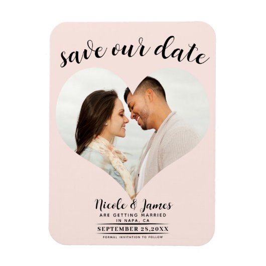 赤面ピンクのハート写真の結婚式の日付を保存 マグネット (縦)
