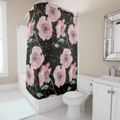 赤面ピンクのバラと金ゴールドの輝きをブラック シャワーカーテン (インサイチュ)