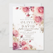赤面ピンクのバラと金ゴールドエレガントの花結婚の花 招待状 (正面)