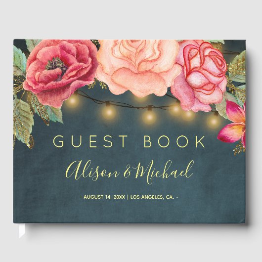赤面ピンクのバラのネイビーブルーのストリングラ結婚イト ゲストブック (正面)