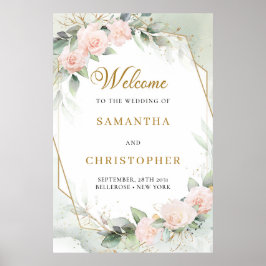 赤面ピンクのバラのユーカリ金ゴールド結婚の歓迎 ポスター
