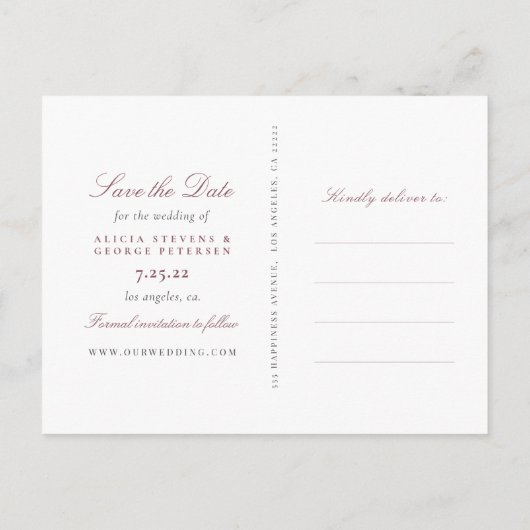 赤面ピンクのバラの写真の結婚式の日付を保存 案内ポストカード (裏面)