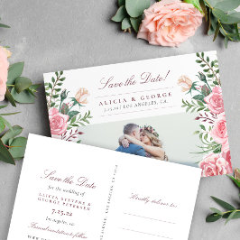 赤面ピンクのバラの写真の結婚式の日付を保存 案内ポストカード