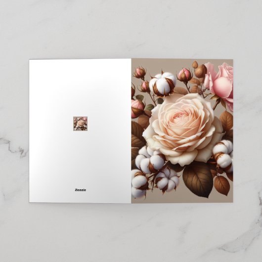 赤面ピンクのバラの花フローラショッピングトートバッグ 箔グリーティングカード (外側レイダウン)