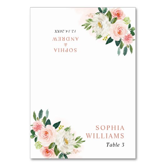 赤面ピンクのバラの花結婚のテーブルカード テーブルナンバー (正面)