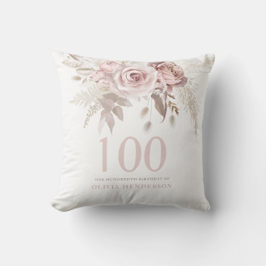 赤面ピンクのバラの花100th誕生日パーティーギフト クッション (正面)