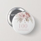 赤面ピンクのバラの花100th誕生日パーティー 缶バッジ (正面&裏面)