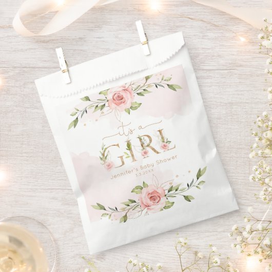 赤面ピンクのバラ女の子ユーカリ赤ちゃんシャワー フェイバーバッグ (クリップ留めされた状態)