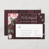 赤面ピンクのバラ素朴なブルゴーニュ結婚ーの 出欠カード (正面/裏面)