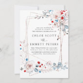 赤面ピンクのバラ赤と青の花結婚の 招待状 (正面)