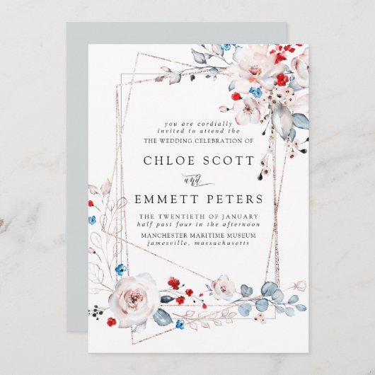 赤面ピンクのバラ赤と青の花結婚の 招待状 (正面/裏面)